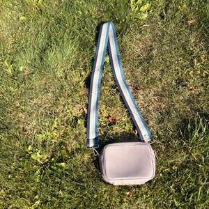 Elie Beaumont London Leather Crossbody Bag Purse Gray Blue Stripe Strap